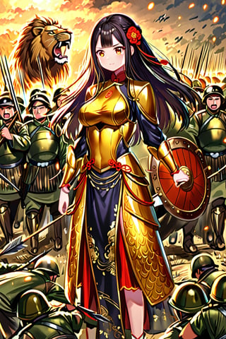 Vietnamese beautiful female warrior Bà Triệu with a cute face, short black hair, golden armor, black dragon Ao Dai, lion shield, silver long bow, and arrow, standing in the midst of battle, war crying, with his soldiers behind him.