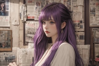 Seraphine cradles her cheek with her hand, facing you directly. The newspaper wall in the backdrop adds depth to the scene. A gentle light cascades from behind, illuminating her violet hair and profile exquisitely, rendering her appearance stunningly beautiful, 3D , Newspaper wall,extremely detailed, 8k wallpaper, highly detailed, Newspaper,newspaper wall,perfect,niji style,ghibli style, 