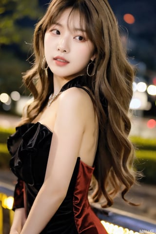 1girl, Beautiful young woman, (blonde long hair with flowing ringlets hairdo), hourglass body, big tits (in red and black petite frilly dress), night, park, realistic, nam nam