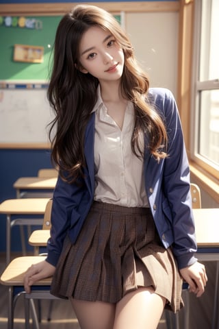 background is high school classroom,1 girl, 18 yo, beautiful girl, korean girl,sitting on chair,wearing school uniform(dark blue jacket and brown check pattern skirt),happy laugh,
solo, {beautiful and detailed eyes}, dark eyes, calm expression, delicate facial features, ((model pose)), Glamor body type, slim waist,(dark hair),long Bright wavy hair,very_long_hair, hair past hip,long straight hair,long ponytail,bangs,pale skin,detailed skin,hairpins, flim grain, realhands, masterpiece, Best Quality, 32k, high contrast,vivid color,photorealistic, ultra-detailed, finely detailed, high resolution, perfect dynamic composition, beautiful detailed eyes, sharp-focus, cowboy_shot, 