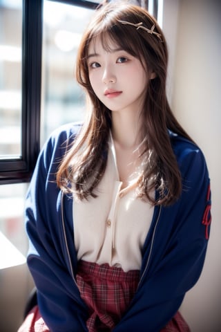 background is high school classroom,1 girl, 18 yo, beautiful girl, korean girl,sitting on chair,wearing school uniform(dark blue jacket and brown check pattern skirt),happy laugh,
solo, {beautiful and detailed eyes}, dark eyes, calm expression, delicate facial features, ((model pose)), Glamor body type, slim waist,(dark hair),long Bright wavy hair,very_long_hair, hair past hip,long straight hair,long ponytail,bangs,pale skin,detailed skin,hairpins, flim grain, realhands, masterpiece, Best Quality, 32k, high contrast,vivid color,photorealistic, ultra-detailed, finely detailed, high resolution, perfect dynamic composition, beautiful detailed eyes, sharp-focus, cowboy_shot, ,3D,GIRL