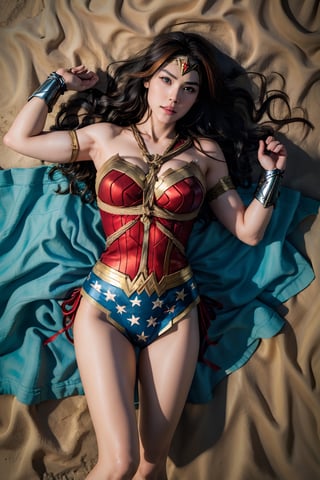 Wonder Woman, (lying on the ground, on her back), half-nude, DC, (8k, RAW photo, best quality, super high resolution, photorealistic, masterpiece, ultra-detailed, Unreal Engine), 22 years old, ((Russian girl look), shibari clothes, best quality,1girl, solo, striped hair, choker,, perky breasts, tilted back, looking at camera, armband, highlighted hair, perfect face, remote island scene, outdoor, from above view, dynamic view, medium_breast_bondage, Wonder Woman, girl, WonderWaifu