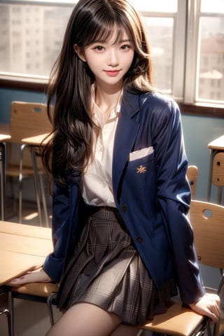 background is high school classroom,1 girl, 18 yo, beautiful girl, korean girl,sitting on chair,wearing school uniform(dark blue jacket and brown check pattern skirt),happy laugh,
solo, {beautiful and detailed eyes}, dark eyes, calm expression, delicate facial features, ((model pose)), Glamor body type, slim waist,(dark hair),long Bright wavy hair,very_long_hair, hair past hip,long straight hair,long ponytail,bangs,pale skin,detailed skin,hairpins, flim grain, realhands, masterpiece, Best Quality, 32k, high contrast,vivid color,photorealistic, ultra-detailed, finely detailed, high resolution, perfect dynamic composition, beautiful detailed eyes, sharp-focus, cowboy_shot, ,3D,GIRL