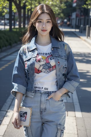 jangwonyoung,1girl,((realistic)), ((hyperrealism)),((best quality)), (((masterpiece))),((ultra high res)),((ultradetailed)), (photorealistic:1.4), idol, (looking at viewer:2), ,detailed face,detailed eyes,outdoors,,wide shot, panorama, dynamic pose, dynamic angle, film grain, Fujifilm XT3,outdoors, smile, walking,(Denim_jacket_with_patched_artwork:1.5),(Graphic_tee:1.4),(Cargo_pants:1.3) [带拼布艺术的牛仔夹克, 图案T恤, 装饰口袋长裤],  