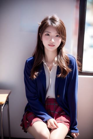 background is high school classroom,1 girl, 18 yo, beautiful girl, korean girl,sitting on chair,wearing school uniform(dark blue jacket and brown check pattern skirt),happy laugh,
solo, {beautiful and detailed eyes}, dark eyes, calm expression, delicate facial features, ((model pose)), Glamor body type, slim waist,(dark hair),long Bright wavy hair,very_long_hair, hair past hip,long straight hair,long ponytail,bangs,pale skin,detailed skin,hairpins, flim grain, realhands, masterpiece, Best Quality, 32k, high contrast,vivid color,photorealistic, ultra-detailed, finely detailed, high resolution, perfect dynamic composition, beautiful detailed eyes, sharp-focus, cowboy_shot, ,3D,GIRL