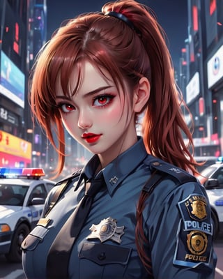 Best masterpiece, highest quality, highest resolution, female, outstanding proportions,long hair, red hair, ponytail,shining eyes,Beautiful skin, 25 years old, cute woman,Look like a fashion model,red eyes,futuristic,soft smile,lipstick,spotlight,Police officer, uniform, police car in the background