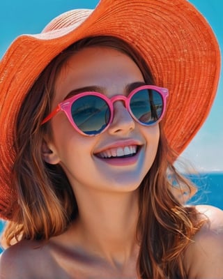 Best masterpiece, highest quality, girls drawing,colorful shades,hats, fashion, fashion magazines,sea, sun,laugh a little