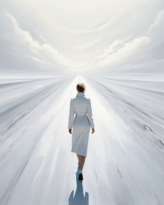  roads, future, masterpieces, highest quality,artistically, abstractly, life,pure white world,A woman walking along the road