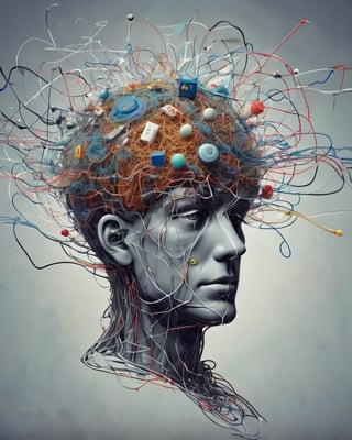 In a head,It's a mess,Abstract,infinite knowledge,cell,electoronic signals