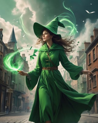 Best masterpiece, highest quality, highest resolution, wizard of the wind, controlling the wind, one woman, shooting in the city, cool magic,use books,green wind magic