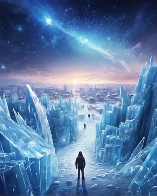 A world of ice only,masterpiece,The sky is a fantastic starry sky,ice city,A man who crashed into the ice city