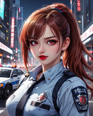 Best masterpiece, highest quality, highest resolution, female, outstanding proportions,long hair, red hair, ponytail,shining eyes,Beautiful skin, 25 years old, cute woman,Look like a fashion model,red eyes,futuristic,soft smile,lipstick,spotlight,Police officer, uniform, police car in the background,Photograph the whole body,