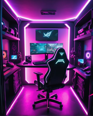 Masterpiece, highest quality,world's best gaming pc,futuristic,cyberpunk gaming room,women's room,cute female streamer