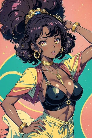 90's anime aesthetic, darkskin black girl with lush curly hair, minimal details, close up image, close up,tongue out, tempera gouache, a hip hop princess, intense sparkling, in the art style of japanese vintage 70's kawaiicore, burgundy and gold muted colors, cute illustrations, as a 1980 vhs collage