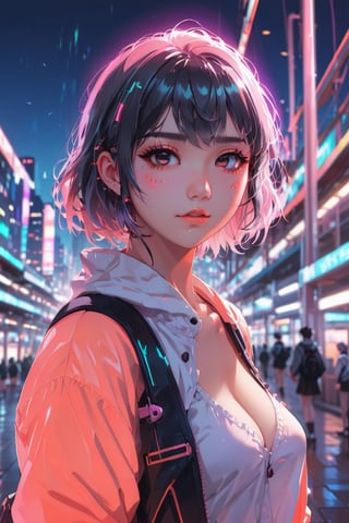 close up of a cute anime girl, neon lights, aesthetic, train station in background,