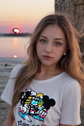 close p of a young woman in her twenties that is a bit chubby (weights about 82 kilos). The girl has brown hair. Its roots are straight but the rest of the hair is wavy. The girls eyes are hazel and she has a vert small mole next to her nose on the right side. She is wearing a simple white T shirt with a Mickey Mouse shorts (pajama). She has a pink nail polish. there is a sunset. All of the background is colored neon. Next to her there is birds and the wind is going through her hair,photorealistic