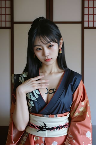 Photographic, cute Japanese woman wearing a flowing traditional dress and having a tattoo on her chest., 
