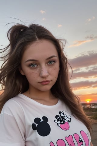 close p of a young woman in her twenties that is a bit chubby (weights about 82 kilos). The girl has brown hair. Its roots are straight but the rest of the hair is wavy. The girls eyes are hazel and she has a vert small mole next to her nose on the right side. She is wearing a simple white T shirt with a Mickey Mouse shorts (pajama). She has a pink nail polish. there is a sunset. All of the background is colored neon. Next to her there is birds and the wind is going through her hair,photorealistic