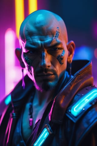 cinematic still, a cyberpunk cowboy warrior monk, wielding, close up, neon lights