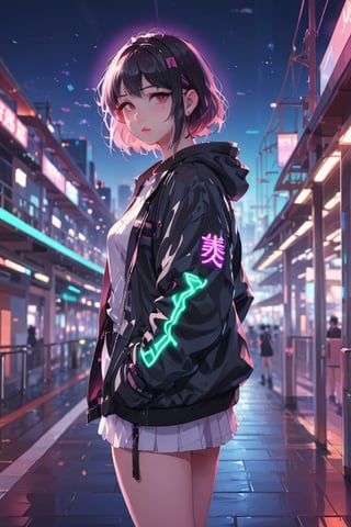 cute anime girl, neon lights, aesthetic, train station in background,