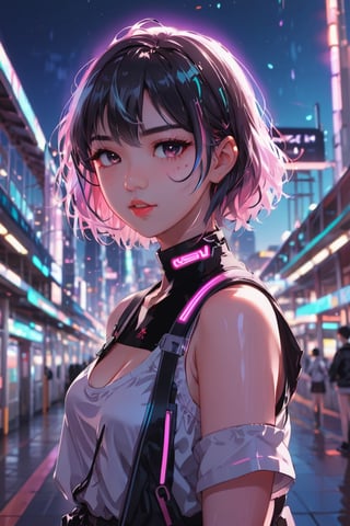 close up of a cute anime girl, neon lights, aesthetic, train station in background,
