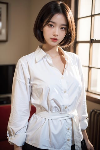 (best quality,4k,8k,highres,masterpiece:1.2),ultra-detailed,(realistic,photorealistic,photo-realistic:1.37),portrait, mid-twenty woman, 22 years old, white blouse, black coat, black pants, medium dark red bob hair, fair skin, red eyes, soft pink lips, curvy, hourglass-shaped figure, large breasts, waist-up, bright and warm tone, soft lighting