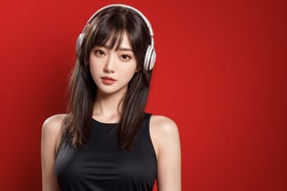 1girl, solo, long hair, looking at viewer, bangs, short black hair, hair ornament, closed mouth, upper body, hair flower, sexy hiphop clothes, red background, black eyes, lips, sash, realistic, wearing headphones