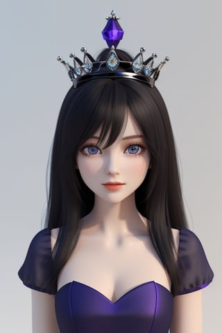 front shot image of a princess with long black hair, attired in a dark purple short dress with a hint of cobalt blue. Her face is spotless and bright, radiating beauty, wearing a crown,3D MODEL