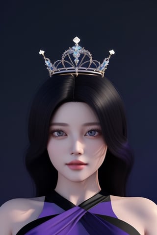 front shot image of a princess with long black hair, attired in a dark purple short dress with a hint of cobalt blue. Her face is spotless and bright, radiating beauty, wearing a crown,3D MODEL,Masterpiece