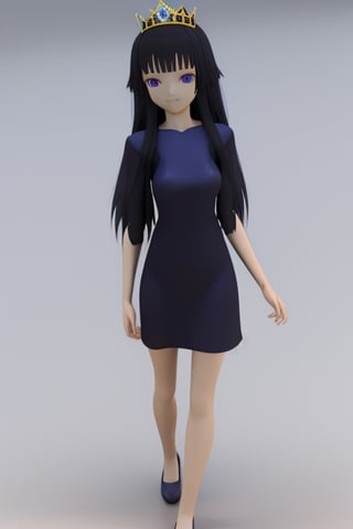 front shot image of a princess with long black hair, attired in a dark purple short dress with a hint of cobalt blue. Her face is spotless and bright, radiating beauty, wearing a crown,3D MODEL