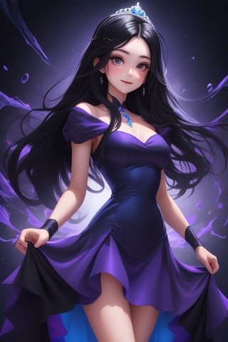 front shot image of a princess with long black hair, attired in a dark purple short dress with a hint of cobalt blue. Her face is spotless and bright, radiating beauty.  