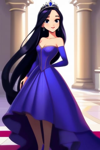 Generate a visually captivating image of a princess with long black hair, attired in a dark purple short dress with a hint of cobalt blue. Her face should be spotless and bright, radiating beauty. The background should capture the interior of a royal castle, showcasing a multitude of vibrant colors that create a regal atmosphere