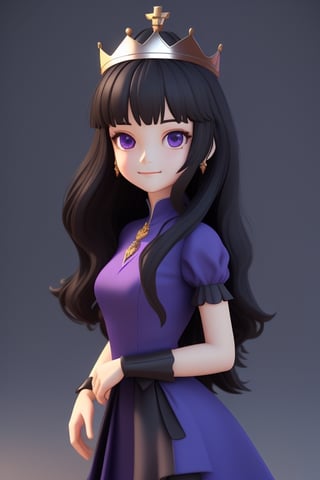 front shot image of a princess with long black hair, attired in a dark purple short dress with a hint of cobalt blue. Her face is spotless and bright, radiating beauty, wearing a crown,3D MODEL,Masterpiece,2.5~3D