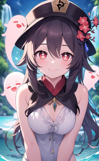 (best quality), (UHQ, 8k, high resolution), 1 girl, standing, alone, ((facing forward leaning forward)), long hair, breasts, looking at viewer, blushing, (smiles),((portrait upper body)),{((arms behind the back))},(swimsuit), bangs, brown hair, red eyes, hair between eyes, two stories, very long hair, flower, pupils shaped symbol, red flower, ((surrounded by cute ghosts)), hat flower, flower-shaped pupils, plum blossoms, (in a beautiful river of crystal clear water with a beautiful waterfall in the background), (extremely crystal clear water), hu tao\ (genshin impact\), boo tao\(genshin impact\)
,(lora:hutao1-000009:1),light