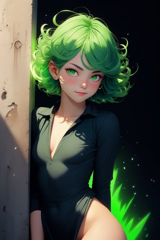 (masterpiece), (best quality), (next generation image quality), (unsurpassed image quality), full hd, 8k drive, volumetric lighting, (perfect image quality), (hyper-realistic image), (details ultra-sharp), (perfect details), 1 girl, (posing leaning against a wall), alone, tatsumaki, (upper body portrait), ((a bright green aura covers her entire body)), short hair, looking at viewer , (black dress), (bright eyes), ((small breasts)), symmetrical breasts, thick thighs, simple background, (blushing), (embarrassed face), long sleeves, a beautiful black background, cowboy style photo,
,portrait