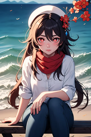 (best quality), (UHQ, 8k, high resolution), (masterpiece), 1 girl, standing, alone, (normal face), blushing, (sitting on a pier with her feet submerged in the sea a crystal-clear sea and beautiful),((upper body)), long hair, breasts, looking at viewer, bangs,((beautiful loose beach shirt)),(dark blue jeans),(red scarf),brown hair, red eyes, hair between eyes, two stories, very long hair, flower, symbol-shaped pupils, red flower, hat lor, flower-shaped pupils, plum blossoms, hu tao\ (genshin impact\), boo tao \(genshin impact\)
,(lora:hutao1-000009:1),light