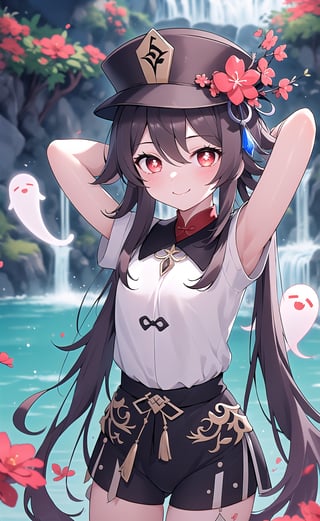 (best quality), (UHQ, 8k, high resolution), 1 girl, standing, alone, ((front view)), long hair, breasts, looking at viewer, blushing, (smiles),((portrait top of body)),(arms behind head), thongs with left hand, relaxation with right hand, bangs, brown hair, red eyes, hair between eyes, two stories, very long hair, flower, pupils in the shape of a symbol , red flower, ((surrounded by cute ghosts)), hat flower, flower-shaped pupils, plum blossoms, (in a beautiful river of crystal clear water with a beautiful waterfall in the background), (extremely crystal clear water), hu tao\ (genshin impact\), boo tao\(genshin impact\)
,(lora:hutao1-000009:1),light
