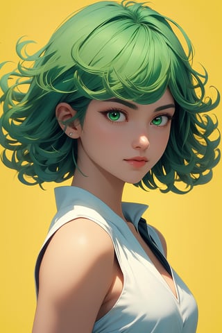 (masterpiece), (best quality), (next generation image quality), (unsurpassed image quality), full hd, 8k drive, volumetric lighting, (perfect image quality), (hyper-realistic image), (details ultra-sharp), (perfect details),1 girl,tatsumaki,alone,front view,upper body,(bright green aura surrounds her entire body),short hair,green hair,green eyes,bright eyes,white dress with yellow trim ,small breasts,symmetrical breasts,yellow background,
,portrait