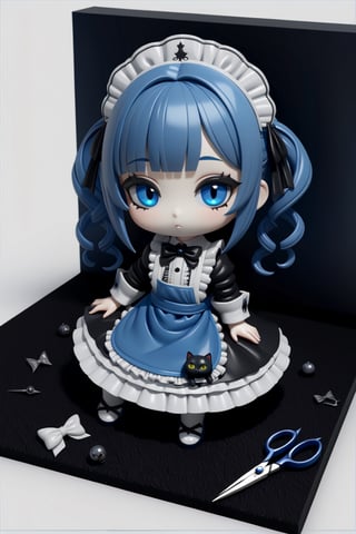 (3D figure, chibi rag, gwen,), ((a beautiful magic blue scissors)), (masterpiece, ultra detailed, high quality, 8k, professional, UHD, unsurpassed image quality, state-of-the-art image), Gothic theme, dark theme, bow, multi-color hair, bow tie, drill, twin drills, bangs, long sleeves, maid headdress, maid apron, ruffles, ribbon, looking at viewer, jewelry, blue sleeve, blue apron, high resolution, gothic makeup, monochrome gothic room, lying on the floor, blue hair, (blunt bangs), blue eyes, black carpet, black cats, white cats,
,more detail XL