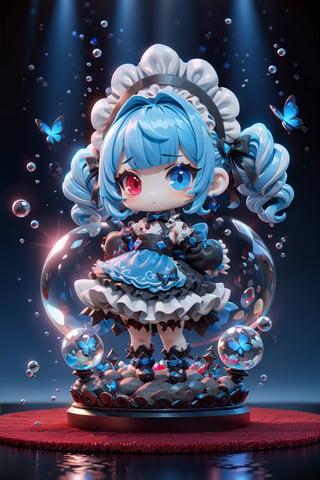 (3D figure, chibi rag, gwen from league of legends), monumental glass sculpture in the shape, bubbleGL, underwater, a crystal ball placed on top of a rock covered alone, (masterpiece, ultra detailed, high quality, 8k, professional, UHD, unbeatable image quality, state-of-the-art image, perfect image, beautiful colors),((arms behind the back)),gothic theme,dark theme,bow,multicolor hair,bow tie,drill,twin drills,bangs ,long sleeves,maid headdress,maid apron,ruffles,ribbon,looking at viewer,jewelry,blue sleeve,blue apron,high resolution, gothic makeup, monochrome gothic room, blue hair (blunt bangs),heterochromia eyes, red carpet , black cats, blue flowers, blue butterflies,
,more detail XL,chibi