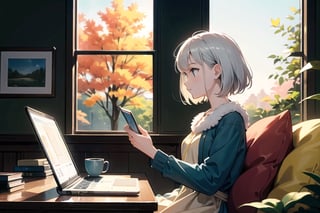 masterpiece, best quality, nice hands, perfect hands, 1girl, in_profile, pale, white skin, flat_chested, cozy, fall, autumn, coffee, falling leaves, window, sheer curtain, study table, evening, ghibli studio style,ghibli style, cinematic light, cinematic view, High detailed,Lofi, a soft smile,LinkGirl,kwon-nara

image, depict her in a unique pose that conveys her sense of adventure and enthusiasm. Create separate images for each pose, and make sure each one is set against a backdrop filled with the cosmic wonders of the universe, enhancing the vibrant atmosphere for each pose. These images should showcase the character's versatility and charm."girl sits on a comfortable cushion with a captivating book in her hands. Her large, expressive eyes reflect the words on the pages, and a soft smile plays on her lips as she gets lost in the world of the story. Her dress is neat and beautiful. The gold and silver-colored decorations are impressive.

The room around her is adorned with warm, orange light color, and the soft afternoon light gently spills onto the pages. She's surrounded by bookshelves filled with stories, creating an enchanting atmosphere perfect for a peaceful reading session. Golden lights or butterflies make space more beautiful.

As she turns the pages, the girl's curiosity and wonder come to life. The world of literature and the adventures within its pages are her cherished companions, making her reading moments truly magical."