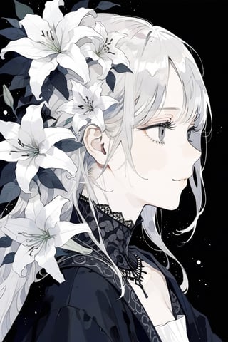 From side, long and loose messy white hair, grey eyes, goddess, wistful, soft smile, lily flowers, black elaborate robes, masterpiece, best quality,aesthetic,dark art,black background ,more detail XL, scar on neck,