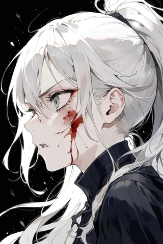 From side, white hair in a ponytail, grey eyes, threatening eyes, angry, battlefield, black robes, masterpiece, best quality,aesthetic,dark art,blood on face, wounds,black background ,more detail XL
