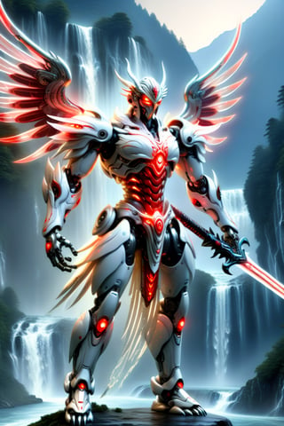 [a merger between a big winged garuda, cyborg face] and [a white and red lighting translucent phantom ] robo, stocky and strong body, big muscles,carrying a large sword in his right hand, standing pose with his back to the camera on the top of a mountain, ((background of a river, waterfall of a mountain)), frostracetech,robot,more detail XL, humanoid cyborg style, framing: ground level,frontal,full_body,DonMM4g1cXL 