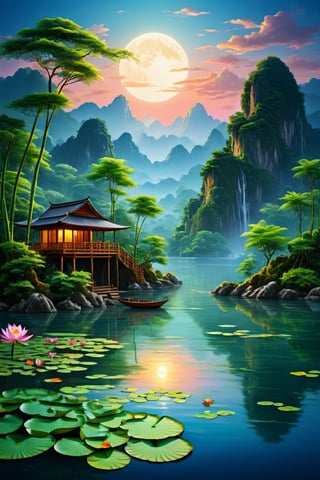 (masterpiece),(best quality),(very detailed),(best illustration),(best shadow),(very smooth and beautiful),(waterfall),(Giant banyan tree), (wooden boat), (bamboo bridge), (dynamic angle), (a house in the middle of an island under a big tree, lake and mountain background, very clear water, very bright night atmosphere by a perfect full moon), (big mountains) , clouds under beautiful treetops, twilight time, water lilies on the lake blooming, ( lotus flowers), lush plants, moonlight shining through white clouds, bold colors, (very realistic), (detailed light), feathers , (nature), (sunlight), (beautiful and gentle water), (The water is so clear that you can see the fish and rocks in it)(painting),(sketch),(blooming),(shining), (( high resolution)) ,((high contrast ratio)), ((high detail))( (high texture)), ((real high quality figure texture)), ((ultra high quality)), golden ratio, captured by camera hasselblad