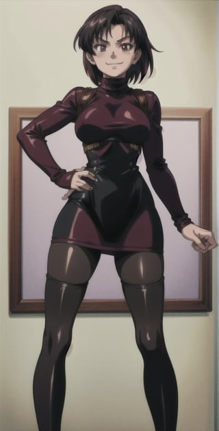 ((Masterpiece, best quality)), Thigh up, EPBlackLagoonStyle, Solo, Ada Wong with Asymmetrical short hair, wearing a ((burgundy Turtleneck sweater dress)), (((black Pantyhose))), (((Long black leather thighhigh Boots))), (Holster, harness), fingergun g2head, smirk, dark atmosphere, Horror themed, midnight, inside Police station,Anime,EPBlackLagoonStyle