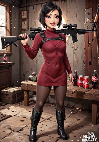((((Fallout_4_style)))), 24yo Ada Wong with BLACK asymmetrical blunt bobcut and (black eyeshadow), wearing (burgundy turtleneck sweater dress) with ((black_harness)), ((((black nylon pantyhose)))) under, (((long Black leather overknee thighhigh boots))), Holding ((Assault Rifle)), in apocalyptic ((wastecity)), Nuka_Cola_Bottle, smile, hypnosis gaze, haze, perfect composition, epic, rtx on, UHD, 32K, photorealistic, ((natural realistic skin tone and texture)). Fallout_4_logo,disney pixar style,fallout,score_9, score_8_up