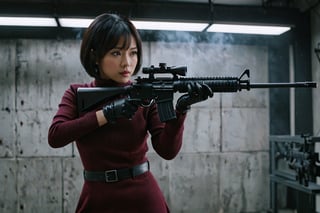JAPANESE GIRL with BLACK SHORT bob cut hair in the midst of an intense firefight, wearing (burgundy ribbed turtleneck sweater dress), (((black nylon pantyhose))) under, ((long Black leather thighhigh boots)), black gloves, skillfully handling a rifle. The scene unfolds in a police station, captured in a gritty, action-packed battle sequence. She is modeled with volumetric lighting, enhancing the drama of the scene. Render this image in 8K Extremely Realistic, focusing on achieving an extremely hyper-detailed and intricate composition that feels like an epic. The cinematic lighting should be emphasized to create a masterpiece effect. Ensure the image is in 8K resolution, Her face should be prominently framed, conveying intensity and focus. Choose an editorial medium body shot style of photography, maintaining an 8K RAW photo level quality, treated as a masterpiece. ensuring the render is extremely realistic and detailed, following the high standards of SDXL. Enhance the realism and detail of the hands (Perfect hands:1.2),M16 Rifle series,Extremely Realistic