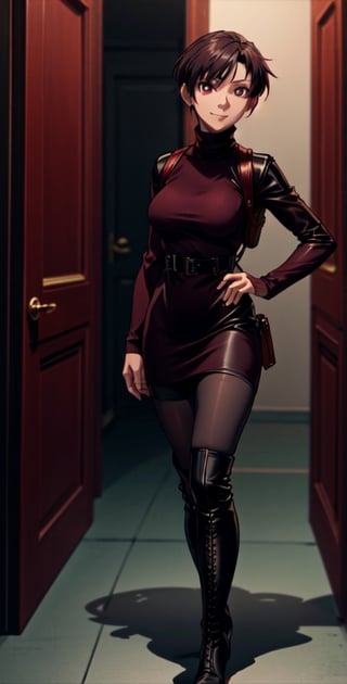 Thigh up, EPBlackLagoonStyle, Solo, Ada Wong with Asymmetrical short hair, wearing a ((burgundy Turtleneck sweater dress)), (((black Pantyhose))), (((Long black leather thighhigh Boots))), (Holster, harness), smile, dark atmosphere, Horror themed, midnight, inside Police station