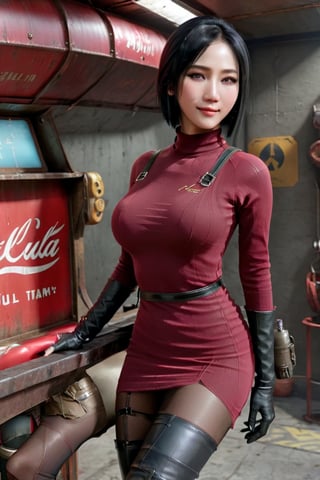 Best quality,ultra-realistic,hyper-realistic,8K,fallout, 24yo Ada Wong with BLACK asymmetrical blunt bobcut and (black eyeshadow), wearing (burgundy turtleneck sweater dress) with ((black_harness)), ((((black nylon pantyhose)))) under, (((long Black leather overknee thighhigh boots))), holding ((Handgun)), sitting in Vault, Vault Tech flag, Nuka_Cola_Bottle, smile, Fallout_4_logo,Asian,Chinese ,Model,Girl